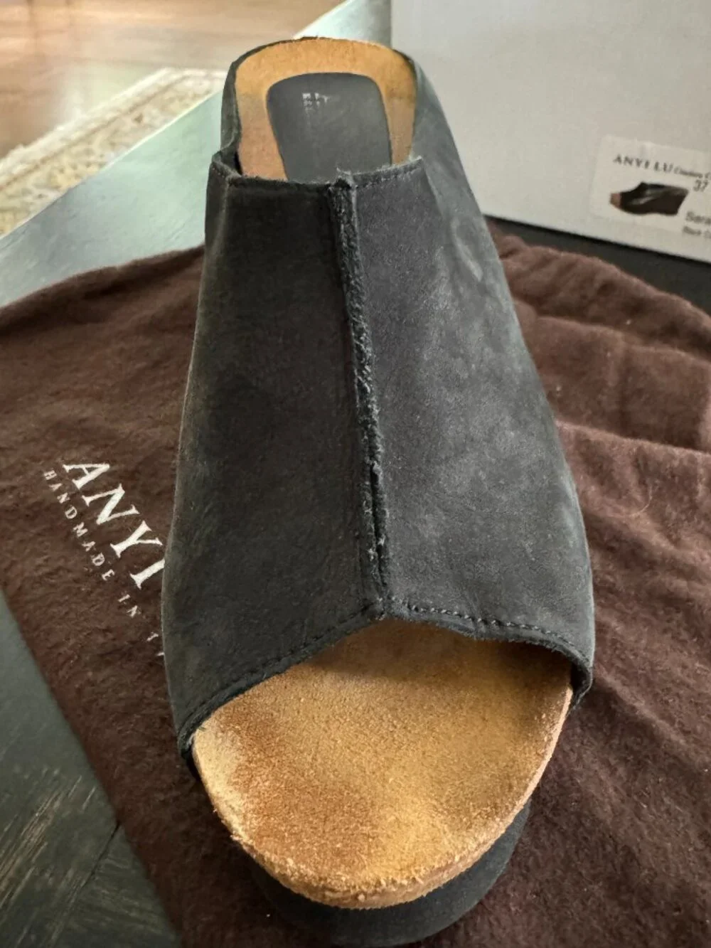 Anyi Lu Black Soft Suede Peep Toe Wedge Mules Slip On